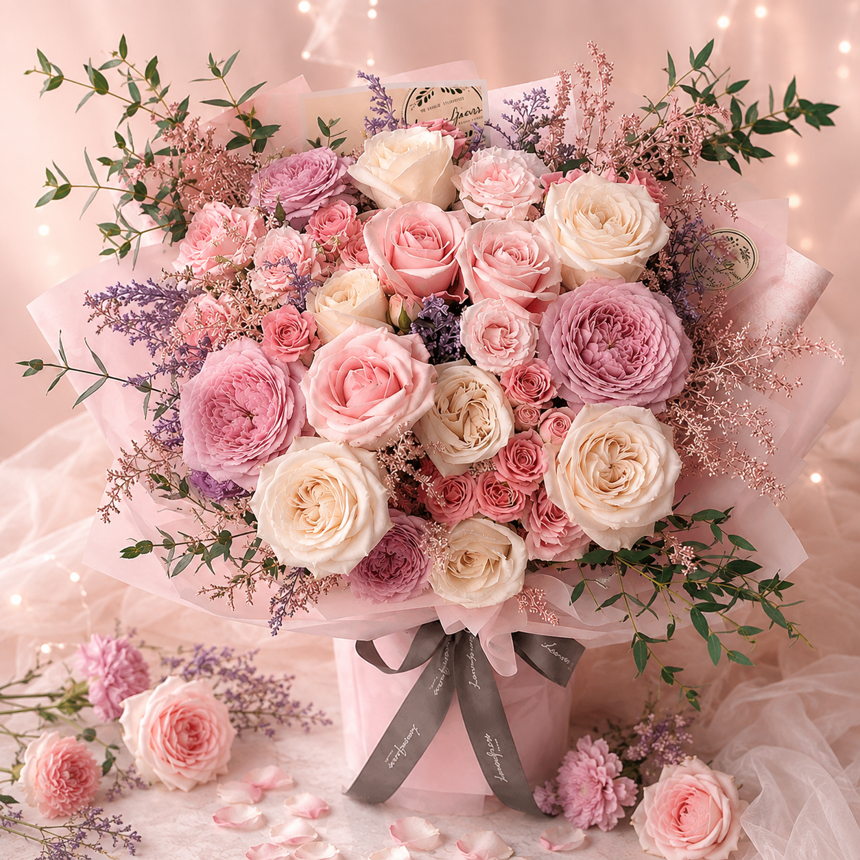 باقة ورود وردي وكريمي وبنفسجي | Pink Cream Purple Rose Bouquet